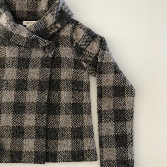 Ellen Tracy Check Pattern Long Sleeve Shawl Collar Sweater Jacket Grey Size M - Picture 6 of 13
